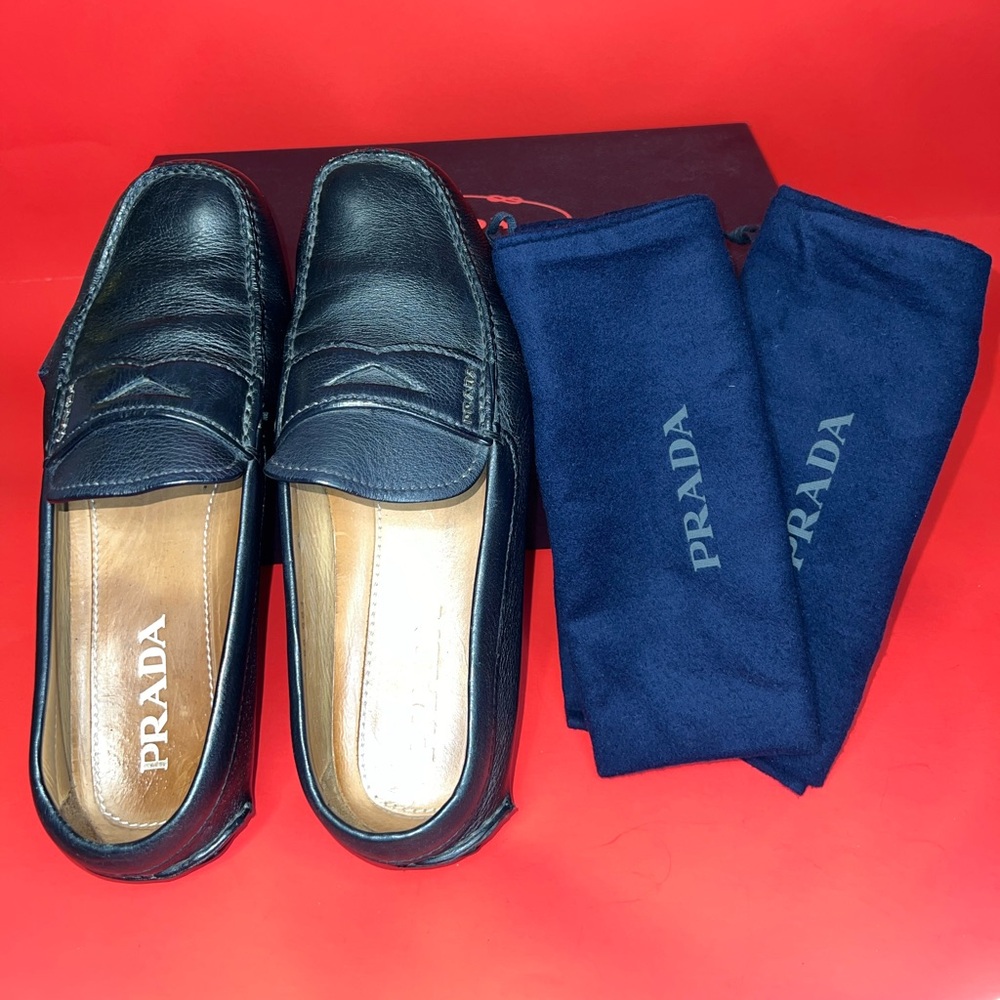 AUTHENTIC PRADA Black Leather Loafers Classic Slip-Ons